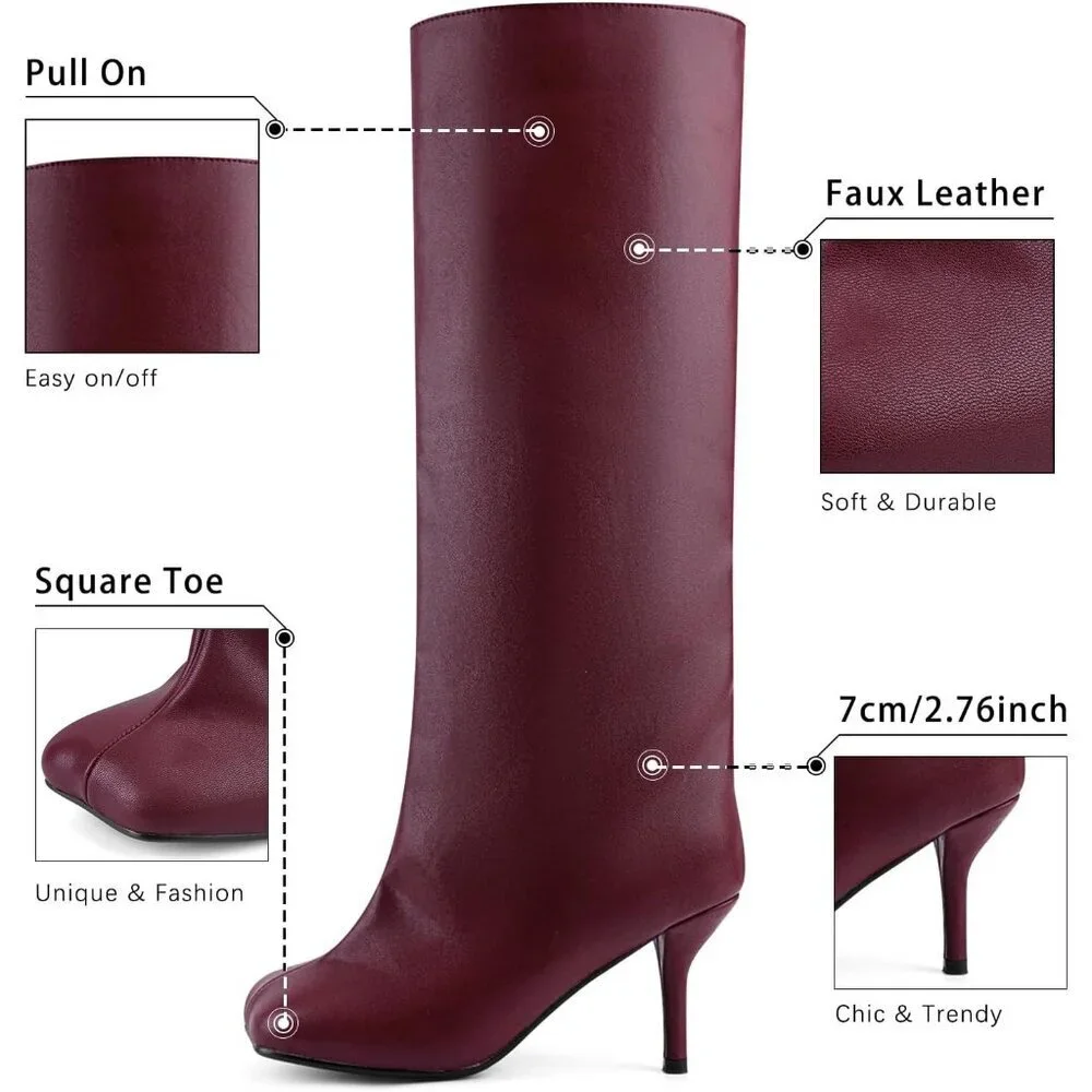 Women's Burgundy Pu Wide Calf Square Toe Stiletto Heels Knee High Suede Boots